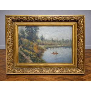 Antique Oil On Panel - Waterside Landscape - Antique Gilded Frame - 19th Century