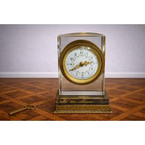 Antique Clock In Crystal, Brass And Gilt Bronze, Mechanical Clock With Key