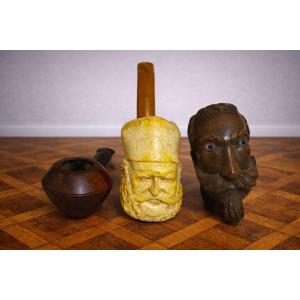 Set Of 3 Antique Meerschaum And Wood Pipes