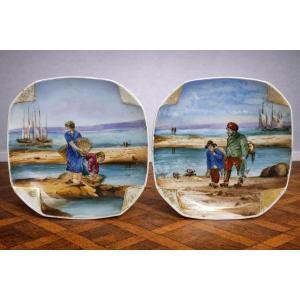 Pair Of Hand-painted Limoges Porcelain Plates With Seaside Decor