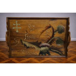 Ecole De Nancy: Antique Art Nouveau Tray In Hand-painted Wood, Thistle Décor