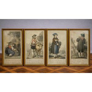 Suite Of 4 Framed Antique Engravings Tyrolean Costumes - 19th Century - Gilded Frames / A