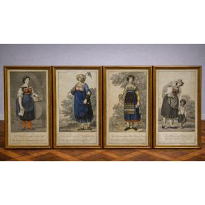 Suite Of 4 Framed Antique Engravings Tyrolean Costumes 19th Century - Gilded Frames / B