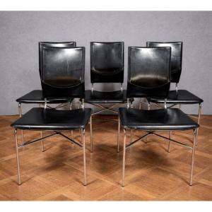 Suite Of 5 Dining Chairs Designed By Ross Littell For Matteo Grassi - Black Leather