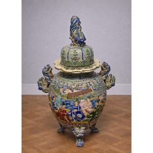 Large Covered Pot In Polychrome Earthenware, Asian Work, Late 19th Century