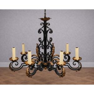 Black Patinated And Gilded Wrought Iron Chandelier - 10 Lights - Louis XIV / Baroque Style