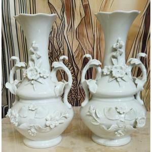 Pair Of White Porcelain Vases With Floral Decoration In Relief