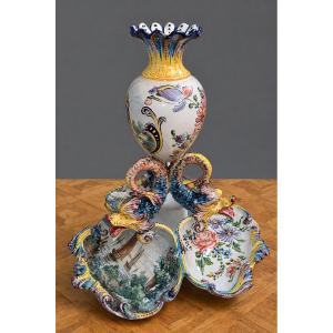 Large Earthenware Centerpiece, Hand-painted: Jules Verlingue Workshop In Desvres