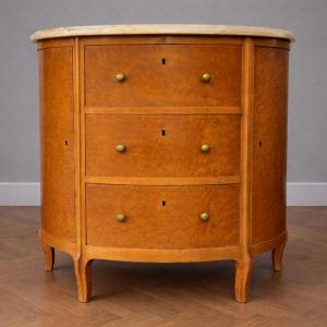 Half-moon Chest Of Drawers In Burr Wood With Marble Top - Louis XV Style Work