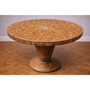 Round Table In Glazed Ceramic Mosaic - Central Conical Base