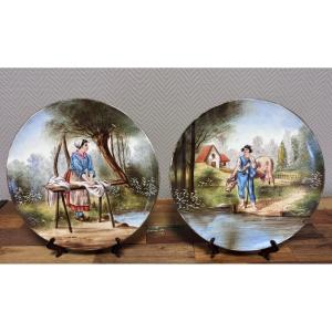 Pair Of Fine Porcelain Dishes - Rural Scenes, J.p.l France