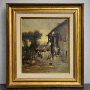 French School - Lively Farm Scene - Oil On Panel