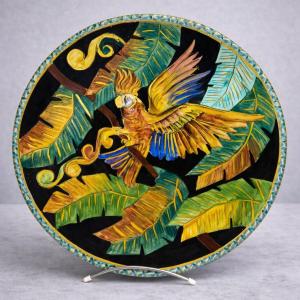 Large Vallauris Dish In Polychrome Ceramic - Parrot Design - Signed