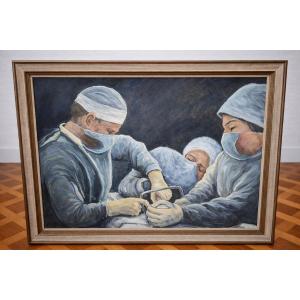Painting - Surgery Scene, Modern School, Oil On Panel - 20th Century