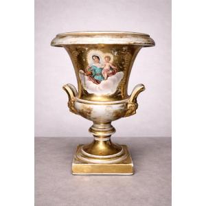 Gilded Porcelain Vase - Religious Décor - Virgin And Child - H 24 Cm