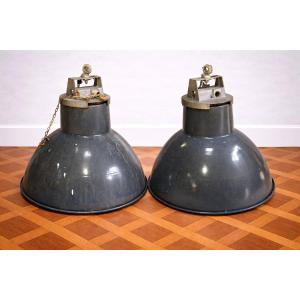 Pair Of Mazda Industrial Hangers In Enamelled Sheet Metal - ø 52 Cm