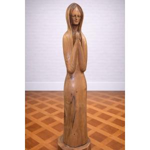 Wood Sculpture - Woman At Prayer - Signed Gen - H. 78 Cm