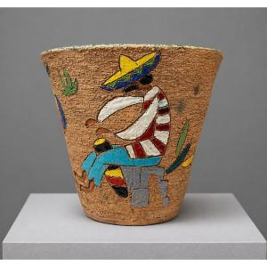 Glazed Ceramic Planter With Mexican Decor - Art Deco -