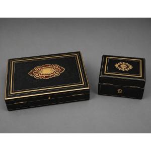 Two Blackened Wood Boxes With Boulle Marquetry Decoration - 19th Century