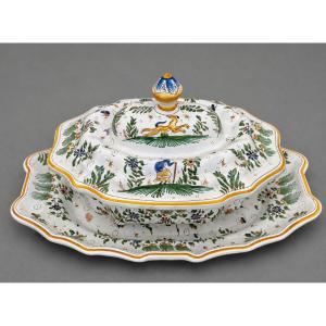 Large Covered Earthenware Tureen And Display Stand - Polychrome Decoration