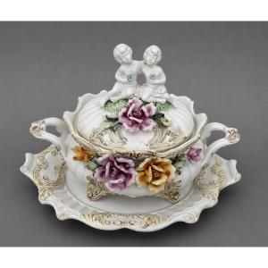Large Covered Tureen And Its Display Stand - Porcelain With Relief Decoration