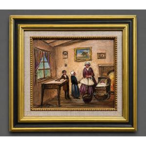 Interior Scene - Oil On Panel Signed Lensky - 20th Century