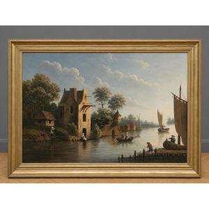 Lively Riverside Landscape, Oil On Canvas, 19th-century Northern School