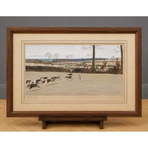 Scène De Chasse à Courre, Watercolor Engraving On Paper Signed Cecil Aldin (1870-1935)