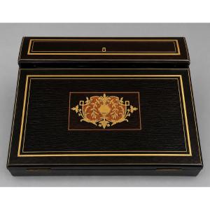 Travel Writing Case In Blackened Wood, Decorated With Brass And Rosewood Marquetry