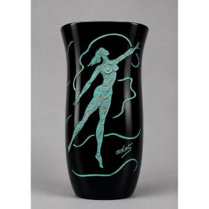 Ady Kroyer: Black Glass Baluster Vase, Decorated In Relief With A Female Figure