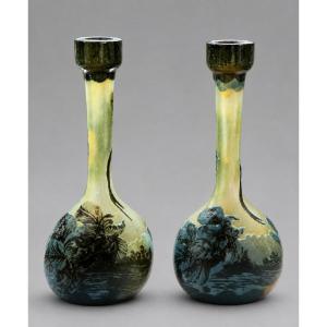 Pair Of Glass Paste Soliflor Vases With Long, Slender Necks Resting On Flat Bases.