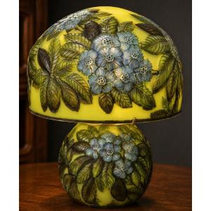 Table Lamp In Pate De Verre, Decorated With A Rich Acid-etched Plant Design