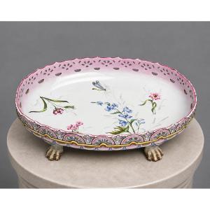 Saint Clément: Large Polychrome Openwork Earthenware Centerpiece Or Oval Planter