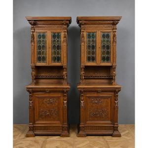 Important Pair Of Richly Carved Renaissance-style Two-body Sideboards