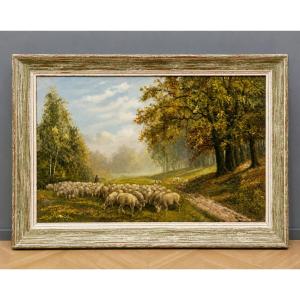 Oil On Canvas Depicting A Flock Of Sheep In A Forest Landscape