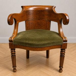 Empire-charles X Period Office Armchair In Walnut, With Gondola Backrest