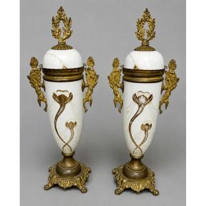 Pair Of Art Nouveau Porcelain Covered Vases