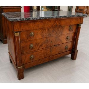 Empire Period Chest Of Drawers In Walnut - Black Marble - 19th Century