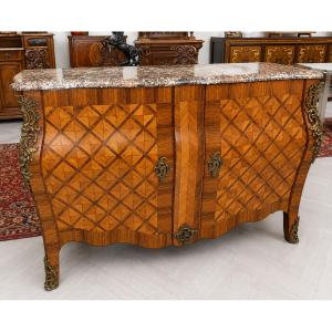 Louis XV Style Marquetry Chest Of Drawers With Curved Doors - Marble Top