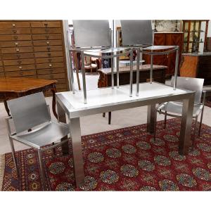 Design Dining Suite In Brushed Steel - Table And Four Chairs