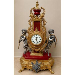 Lyre Clock With Cherubs In Patinated And Gilded Bronze And Regule