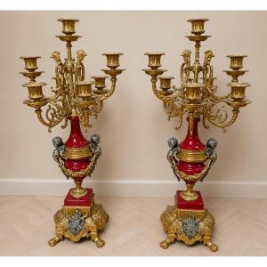 Pair Of Six-light Candelabra In Ormolu And Patinated Bronze