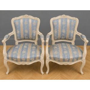Pair Of Louis XV Style Armchairs In Moulded Wood With Patina Finish