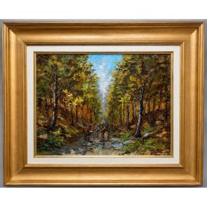 B Franco: Oil On Panel Depicting An Animated Forest Landscape