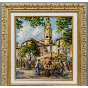 B Franco: Oil On Panel, Depicting A Lively Provencal Market Scene