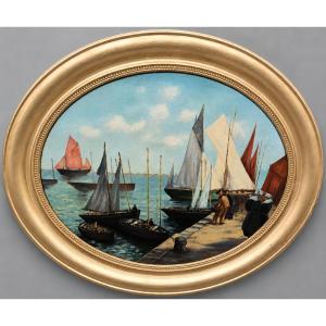 J Faure: Oil On Canvas Depicting A Busy Port With Sailboats And Fishermen