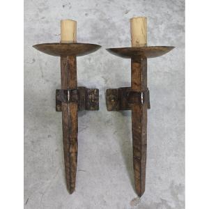 Pair Of Brutalist Sconces In Hammered And Patinated Iron