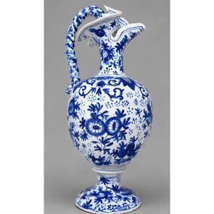 Fine Earthenware Ewer With Blue And White Decoration, 19th Century Work
