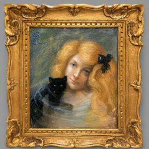 Pastel Portrait Of A Young Redheaded Woman With A Black Cat, Dated 1906