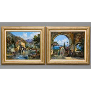 Pair Of Mediterranean Landscapes Signed P. Franco, Oil On Panel